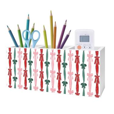 Imagem de Exqcom Porta-lápis de Natal rosa vermelho e verde para mesa, decoração de escritório de Natal feminina, laço de fita listrada de Natal, placa de bloco de caixa de madeira para decoração de mesa de