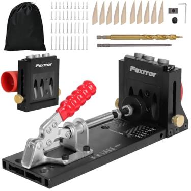 Imagem de Fexrror Kit de gabarito de orifício de bolso de alumínio, gabarito de parafuso de bolso ajustável para marcenaria com orifício de ângulo de 15°, suporte deslizante adicional, porta de poeira para