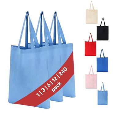 Imagem de Sacolas 100% algodão a granel – Sacola promocional reutilizável para eventos, presentes, impressão personalizada, mercearia, artesanato, uso por atacado (azul claro, pacote com 6)