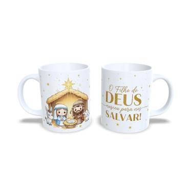 Imagem de Caneca de Cerâmica Branca 325ml, Tema Natal Sagrada Família, com Estrelas Douradas e Presépio (23170)