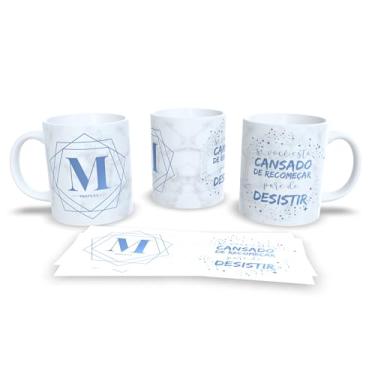 Imagem de Caneca de Cerâmica Personalizada com Monograma e Frase Motivacional, Mármore Branco e Azul, 325ml, Design Geométrico (m)