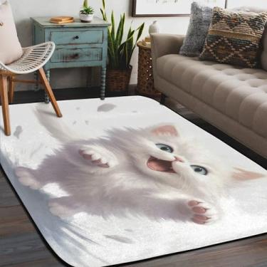 Imagem de Tapete de área para sala de estar, lavável à máquina, fofo, gato, animal, branco, antiderrapante, tapete macio, para sala de estar, quarto, sala de jantar, berçário, cozinha, decoração de casa