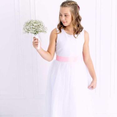 Imagem de Vestido Longo branco Faixa Lisa Rosa Claro Infantil com Saia Tule Bran