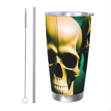 Imagem de Caneca com tampa de palha de aço inoxidável com estampa de cabeça de caveira terrível, caneca de canudo de carro, mantém as bebidas frias para escritório, casa, funciona muito bem para bebidas geladas