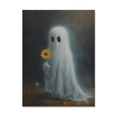 Imagem de HouLaiZhe Pôster de Halloween Fantasma Girassol Linda Tela Impressões de Arte de Parede Decorações de Halloween Decoração de Parede Estética Gótica para Sala de Estar Quarto 18 x 24 polegadas (45 x 60
