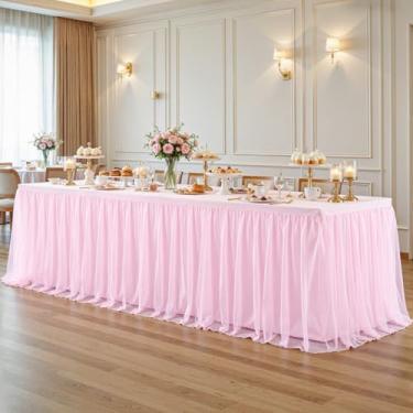 Imagem de Toalhas de mesa rosa 2 em 1 para mesas retangulares de 2 metros com saia de mesa de tule, capa de mesa de casamento, toalha de mesa tutu com babados elásticos para chá de bebê, recepção, festas de