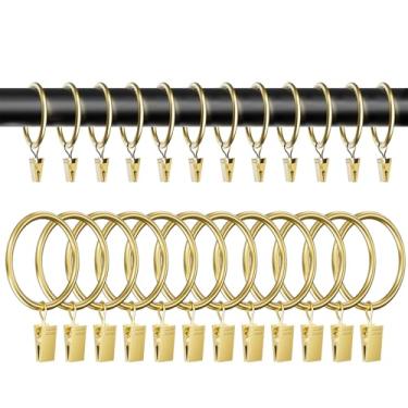 Imagem de Pacote com 24 anéis de cortina de metal dourado com clipes, anéis de cortina de 3 cm de diâmetro interno com ganchos, adequados para varões de cortina de 2,5 cm
