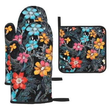 Imagem de Conjunto de cozinha essencial de 3 peças com estampa floral azul, luvas e aderência para tampa, proteção para churrasco no forno, design de armazenamento suspenso.