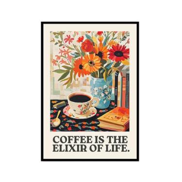 Imagem de Coffee First People Later Poster Retro Coffee Wall Art Trendy Flower Print Minimalista Vintage Floral Para Sala de Jantar Cozinha Decoração de Parede (SKU6,20.3x30.5 cm = (20x30cm), Moldura preta)