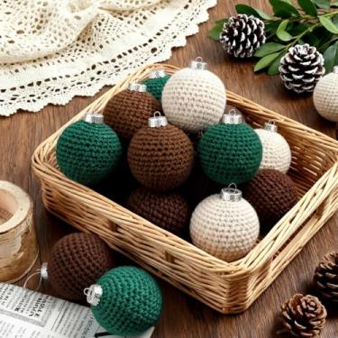 Imagem de Soulchen 12 bolas de enfeite de crochê de Natal de 5 cm, enfeites de malha de Natal neutros feitos à mão para decoração de guirlanda de guirlanda de festival de árvore de Natal (Caqui, bege, verde)