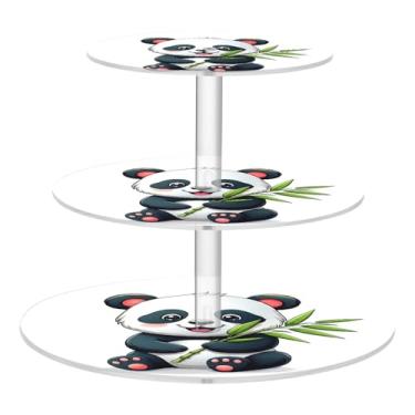 Imagem de CEBUGI Suporte de cupcake de 3 camadas fofo de desenho animado panda redondo suporte de bolo torre bandeja de servir em camadas de acrílico para festa de chá, chá de bebê, casamento e mais
