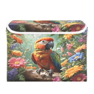 Imagem de CEBUGI Caixotes de armazenamento com tampas, caixa de armazenamento de tecido dobrável, organizador de cubo de flores papagaio para prateleiras de armário de casa e quarto 40 x 30 x 39 cm
