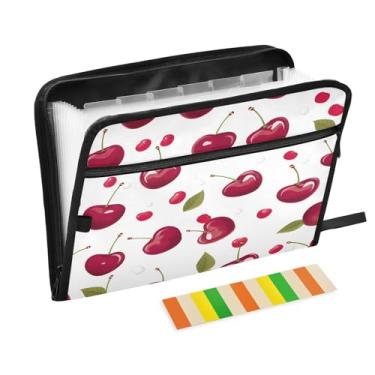 Imagem de Wassud Pasta organizadora de arquivos de papel A4 com estampa de cereja fresca, pasta organizadora de documentos com etiquetas, pasta de arquivos expansível, 13 bolsos