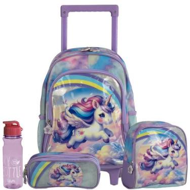 Imagem de Kit Mochila Carrinho de Unicornio Lancheira Estojo e Garrafa - Nova Ri