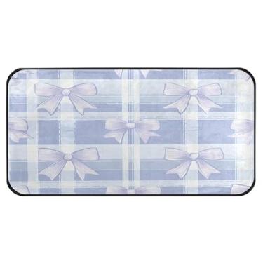 Imagem de Burbuja Tapete de cozinha xadrez Blue Bows 51 x 99 cm, tapete lavável antiderrapante com suporte de borracha, tapete para cozinha, sala de estar, banheiro, decoração de casa