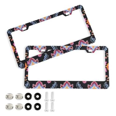 Imagem de CEBUGI Pacote com 2 molduras de placa de carro de alumínio capas de moldura de placa de carro com 2 furos Boho floral acessórios automotivos para placas dianteiras e traseiras orifício elíptico