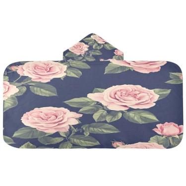 Imagem de Burbuja Toalha de banho com capuz rosa em azul marinho para crianças, toalha de praia de pelúcia macia absorvente para meninas e meninos 3-10 anos, 61 x 127 cm