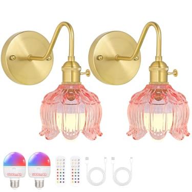 Imagem de NELICOND Conjunto de 2 arandelas de parede operadas por bateria, arandelas vintage sem fio com sombra de vidro tulipa rosa, temperatura de 15 cores, bateria recarregável de 5000 mAh, luzes de parede
