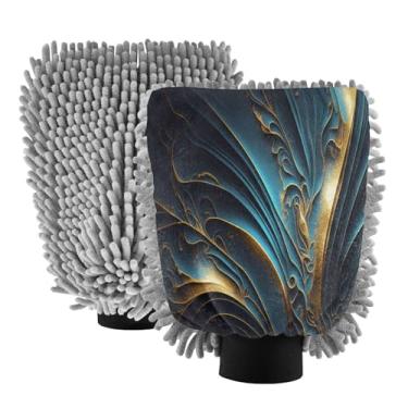 Imagem de STAYTOP Luvas de lavagem de carro com textura de mármore dourado azul, 2 peças, luvas de microfibra de chenille, sem arranhões, panos de esponja de lavagem ultra absorventes para carros, limpeza