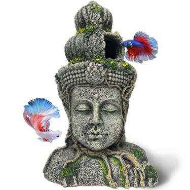 Imagem de GOLOMOZ Decoração de aquário com estátua de cabeça de Buda – esconderijo para Betta, camarão e peixinho dourado para dormir e esconder raça de brincar, abrigo de paisagem grande, esconderijos de