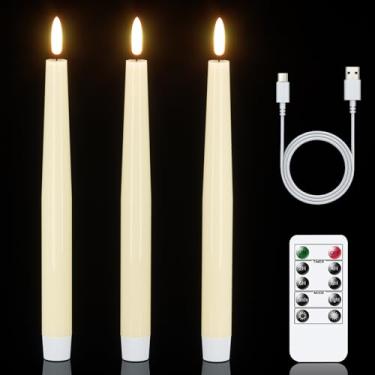 Imagem de GenSwin Velas cônicas recarregáveis sem chama, pacote com 3 velas cônicas de LED marfim operadas por bateria com temporizador remoto, castiçais sem chama de cera real para decoração de casa de Natal