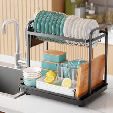 Imagem de KLEMING| Escorredores de Louças de Aço Carbono Inoxidável, Resistente à Ferrugem, Escorredor de Prato, Pratos, para Bancada de Cozinha com Bandeja Drenagem automática, Preto.