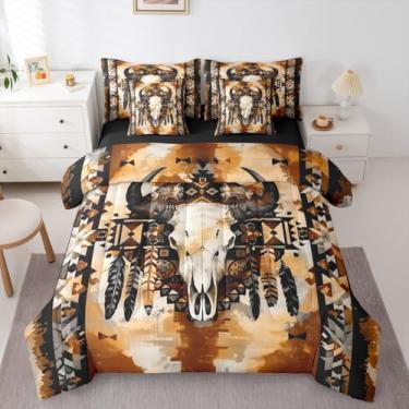 Imagem de Erosebridal Conjunto de edredom com estampa de caveira de touro, preto, marrom, ombré, asteca, tamanho queen, 7 peças, boêmio, geométrico, boêmio, ocidental, chifres