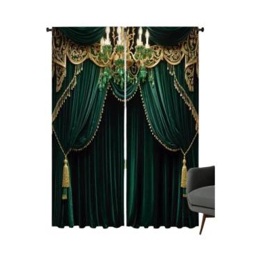 Imagem de Cortinas De Luxo Vintage Verde Escuro Com Bordado 2 Peças Decoração Di