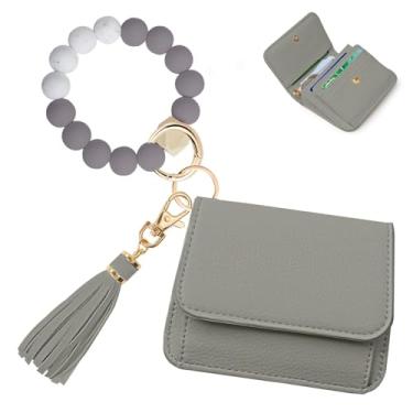Imagem de Sunpour Carteira de chaveiro RFID para mulheres, pequenas carteiras femininas com porta-chaves com bolso para moedas e janela para identidade, Cinza, 4.6'L x 3.7" W x 0.75" H, Três dobras