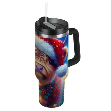 Imagem de Copos com tampa e canudo Cute Highland Christmas Flowers Tumbler com alça 1,134 g garrafa de água isolada rosa caneca de café quente de aço inoxidável para carro