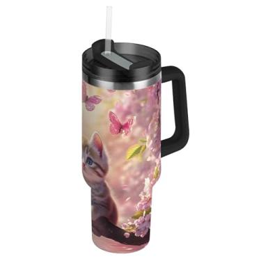 Imagem de Copo térmico de flor de cerejeira de gato fofo com tampas e canudo copo térmico de 850 g com alça garrafa de água isolada de aço inoxidável caneca de café quente para carro