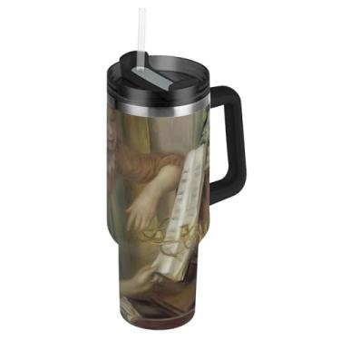 Imagem de Joisal Auguste Renoir Copos de pintura de piano com tampa e canudo Garrafa de água isolada de aço inoxidável 1,134 g Copo com alça rosa fofo copo de café para carro