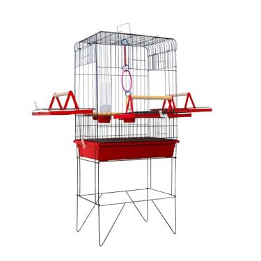 Imagem de Gaiola Completa media para Calopsita com Suporte, Bandeja, Poleiros de Madeira, Metal vermelho,