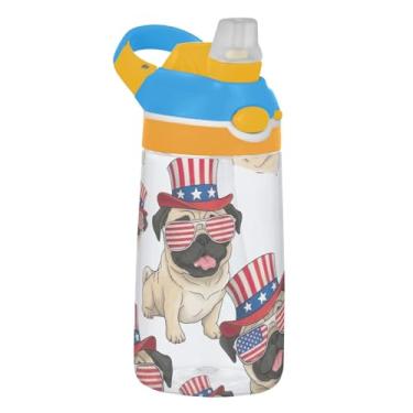 Imagem de Garrafa de água infantil de 473 ml com tampa de palha, garrafa de água esportiva Tritan portátil de 473 ml, copos de viagem reutilizáveis à prova de vazamento, alça de transporte, chapéus americanos