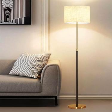 Imagem de Luminária de chão moderna e minimalista com cúpula de tecido e base de ferro - Luz ambiente suave para sala de estar e quarto, cúpula de linho de 38 cm, interruptor de pé, compatível com lâm