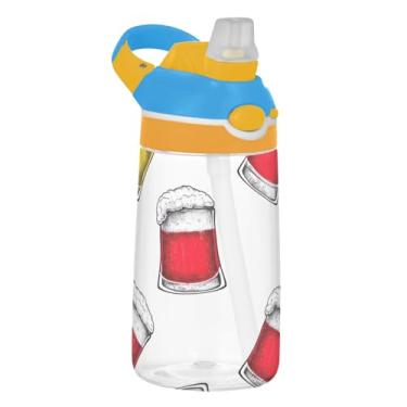 Imagem de Garrafa de água branca de cerveja vermelha amarela para crianças 473 ml garrafa de água de plástico à prova de vazamento com tampa de canudo 473 ml Tritan reutilizável infantil copo portátil, alça de