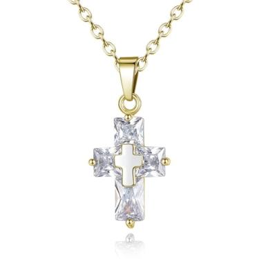 Imagem de Zurlcdye Colar feminino de cruz dupla de ouro delicado com pingente de ouro grosso cristão religioso acessórios de joias presentes, Cobre, Sem Pedra Preciosa