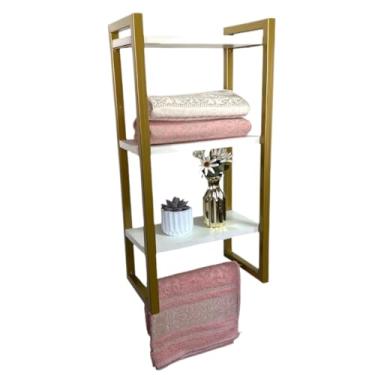 Imagem de Porta Shampoo para Banheiro，Prateleira de Parede Para Banheiro de Metalon com Pintura Eletrostática e MDF Amadeirado(Dourado e Branco)