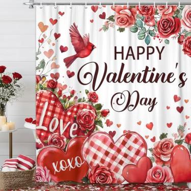 Imagem de Grtuspr Cortina de chuveiro vermelha para o dia dos namorados, cortina de chuveiro de tecido com design floral de coração romântico com ganchos, cortina de banheira com tema de amor de poliéster à