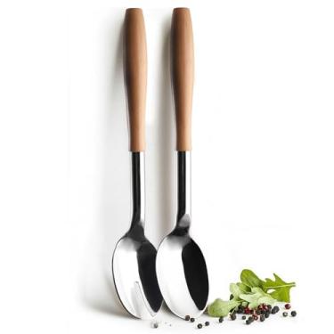 Imagem de Artestia Utensílios de salada extragrandes para servir - 2 peças de colheres e pinças de salada de aço inoxidável 304 de cabo longo, conjunto de colher e garfo de 26 cm (madeira de faia)