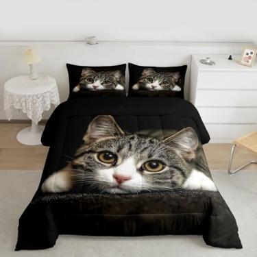 Imagem de Feelyou Conjunto de edredom de gatos com estampa de animais 3D, conjunto de cama para crianças, meninos, meninas, animais de estimação, gato, gatinho, decoração, edredom marrom, cinza, conjunto de colcha 3 peças Queen Size