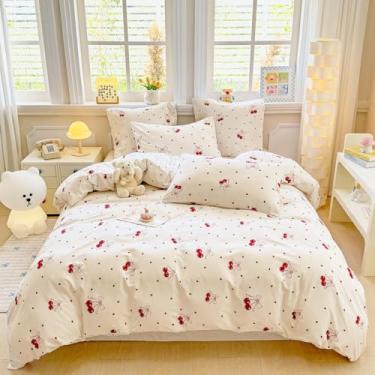 Imagem de Bildenly Capa de edredom tamanho solteiro branco - vermelho cereja e padrão de coração, capa de edredom de microfibra macia e leve com fecho de zíper e 1 fronha (172 cm x 228 cm, sem edredom)
