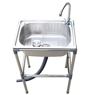 Imagem de Tigela única de aço inoxidável independente, conjunto de pia de cozinha de restaurante comercial com torneira e drenagem, banheira de lavanderia portátil para lavagem das mãos bancada de trabalho (52