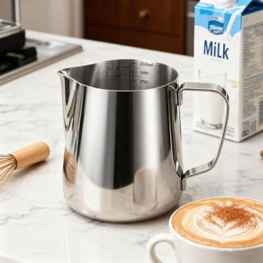 Imagem de Jarra para espumar leite, 350 ml, copo de espumador de leite, aço inoxidável, cappuccino, latte, arte, barista, jarro a vapor, copo de leite com caneta decorativa