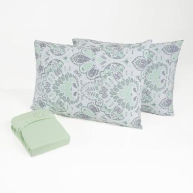 Imagem de Jogo de Cama Queen 3 Peças Malha 100% Algodão Lençol com Elástico Fronhas Estampadas Toque Macio(Papiro verde)