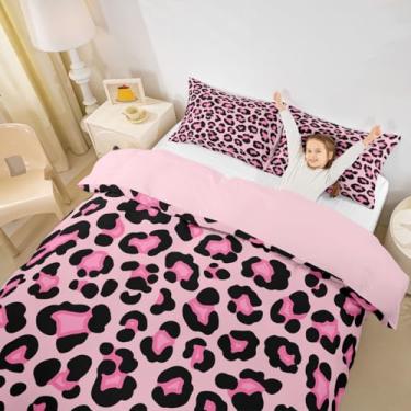 Imagem de Manfei Conjunto de capa de edredom infantil Cheetah, tamanho casal, leopardo, animais selvagens, fazenda, meninos, decoração de quarto moderno, vida selvagem moderna, capa de colcha rosa preta, 2