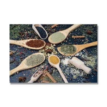 Imagem de Arte de parede em tela colorida para especiarias e colher de tempero | Decoração de cozinha vintage | Arte moderna para casa e sala de jantar. C72. 50 x 75 cm - 19,7 x 29,6 pol. Somente tela