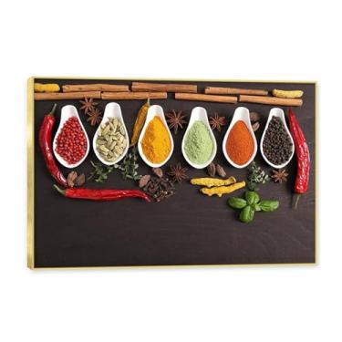 Imagem de NHLDZYH Moldura dourada. Arte de parede em tela de especiarias coloridas e colher de tempero | Decoração de cozinha vintage | Arte moderna para casa e sala de jantar. C60. 40 x 60 cm - 15,8 x 23,7 pol