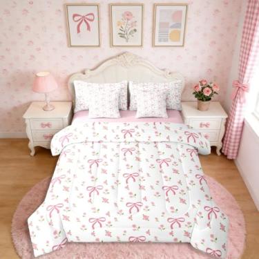 Imagem de Erosebridal Jogo de cama infantil com laço kawaii, tamanho casal, cama com laço floral em uma bolsa, conjunto de cama estilo princesa inclui edredom, conjunto de lençol, fronhas e fronhas, decoração
