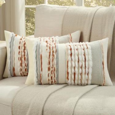 Imagem de FUTEI Conjunto de 2 capas de almofada com acento bege enferrujado, 30,5 x 50,8 cm de pelúcia, listradas, texturizadas, para decoração de sofá boêmio de fazenda